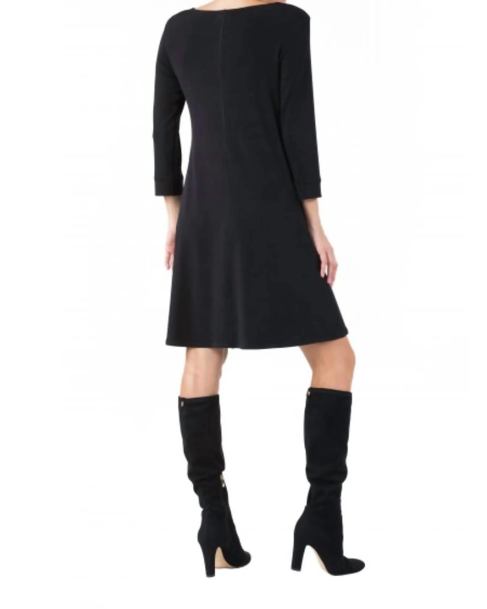 3/4 Sleeve Scoop Neck A Line Dress in Black | Black