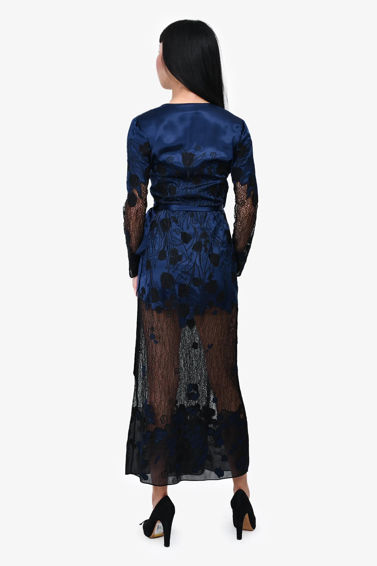 Agent Provocateur Blue/Black Satin/Lace Embroidered Wrap Dress Size S/M