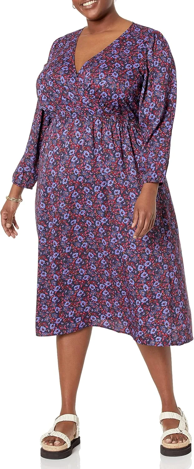 Amazon Essentials Women's Lightweight Georgette Long Sleeve V-Neck Midi Dress (Available in Plus Size)