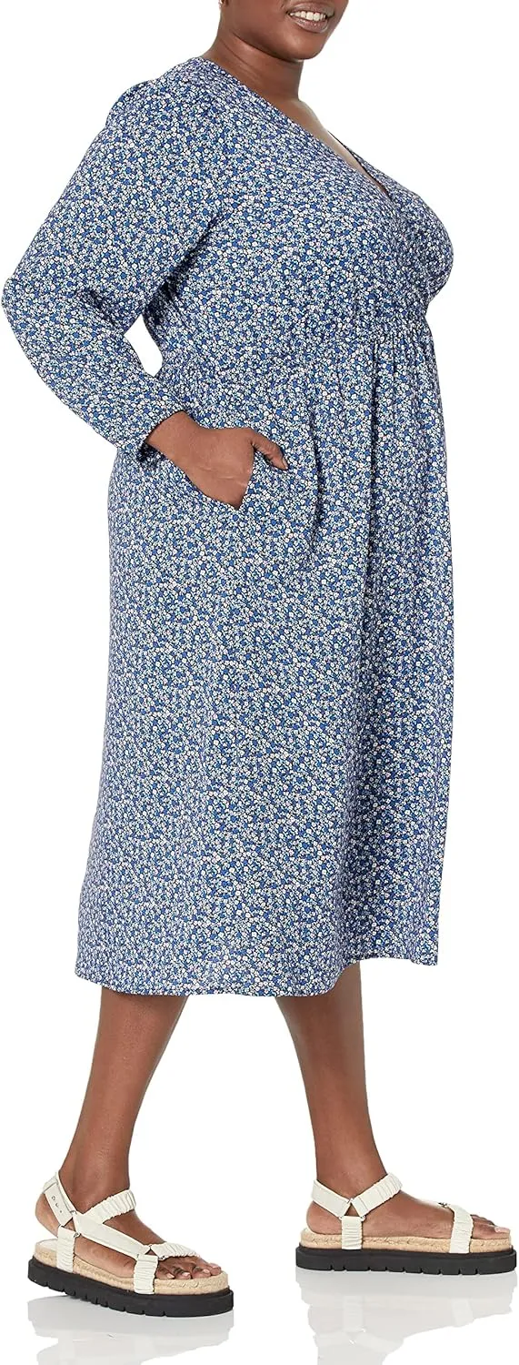 Amazon Essentials Women's Lightweight Georgette Long Sleeve V-Neck Midi Dress (Available in Plus Size)