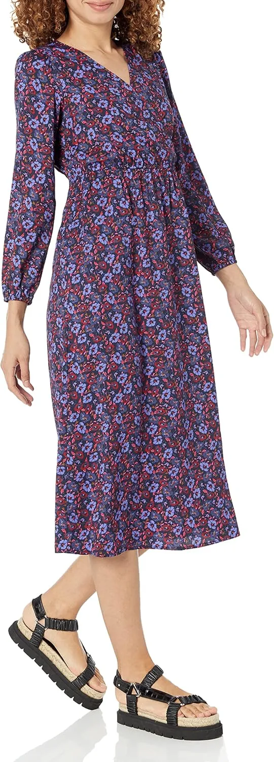 Amazon Essentials Women's Lightweight Georgette Long Sleeve V-Neck Midi Dress (Available in Plus Size)
