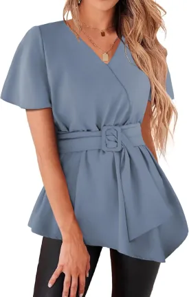Angashion Women's V Neck Blouse Casual Short Sleeve Tie Front Buckle Elegant Tee Asymmetrical Hem Work Peplum Shirt Top