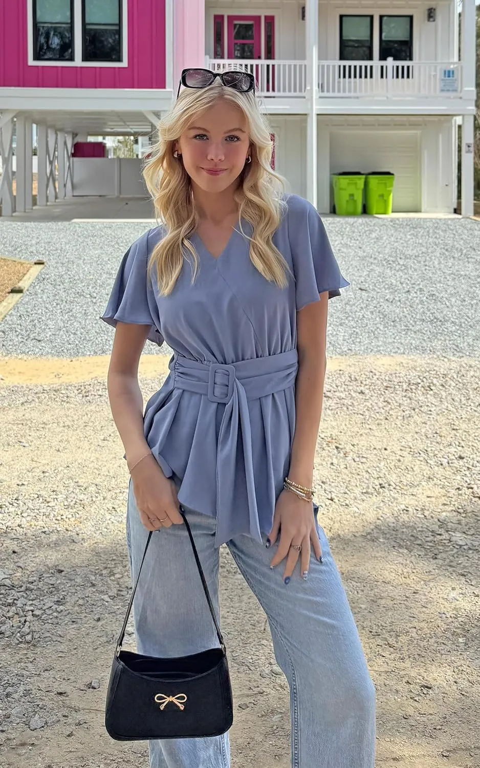 Angashion Women's V Neck Blouse Casual Short Sleeve Tie Front Buckle Elegant Tee Asymmetrical Hem Work Peplum Shirt Top