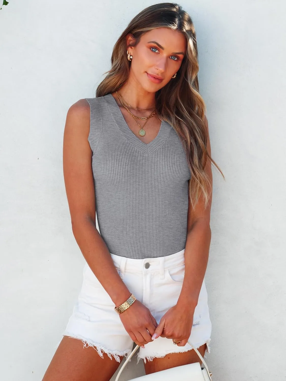 ANRABESS Women's Sleeveless Sweater Vest Summer V Neck Ribbed Knit Slim Fit Tank Tops 2025 Trendy Spring Outfits
