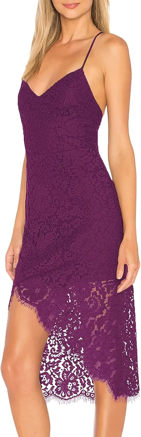 AOOKSMERY Women Summer V-Neck Spaghetti Straps Lace Backless Party Dress High Low Cocktail Bodycon Midi Dresses