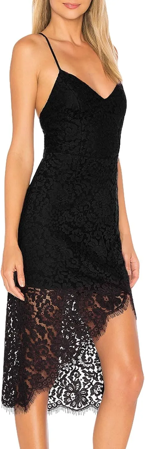 AOOKSMERY Women Summer V-Neck Spaghetti Straps Lace Backless Party Dress High Low Cocktail Bodycon Midi Dresses