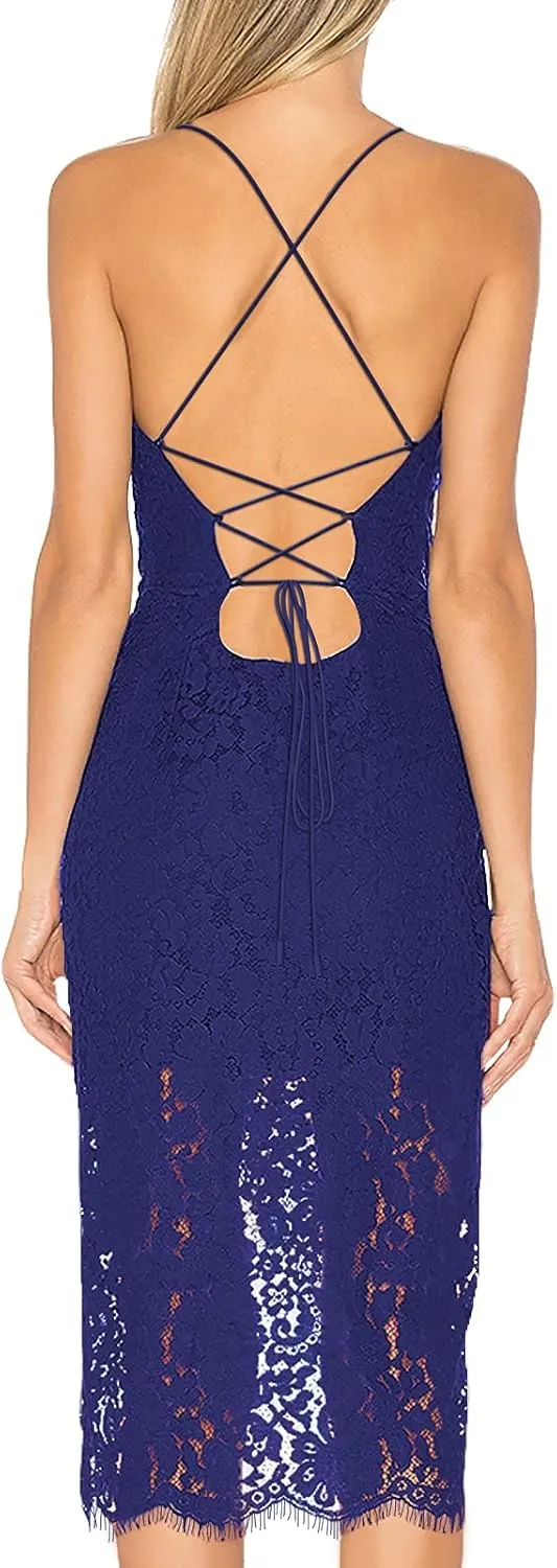 AOOKSMERY Women Summer V-Neck Spaghetti Straps Lace Backless Party Dress High Low Cocktail Bodycon Midi Dresses
