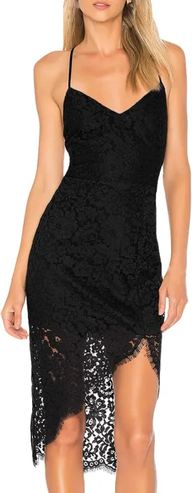 AOOKSMERY Women Summer V-Neck Spaghetti Straps Lace Backless Party Dress High Low Cocktail Bodycon Midi Dresses