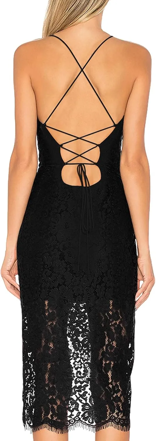 AOOKSMERY Women Summer V-Neck Spaghetti Straps Lace Backless Party Dress High Low Cocktail Bodycon Midi Dresses