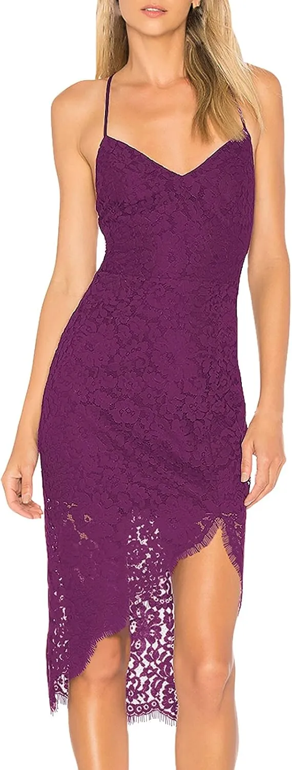 AOOKSMERY Women Summer V-Neck Spaghetti Straps Lace Backless Party Dress High Low Cocktail Bodycon Midi Dresses