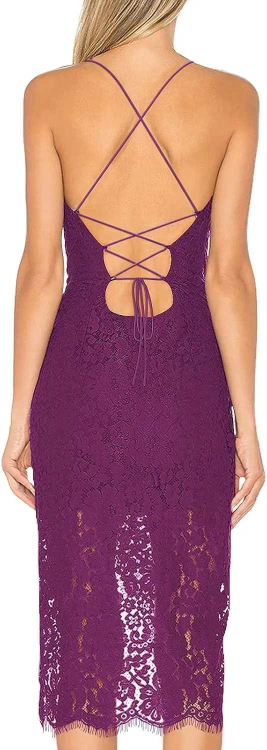 AOOKSMERY Women Summer V-Neck Spaghetti Straps Lace Backless Party Dress High Low Cocktail Bodycon Midi Dresses
