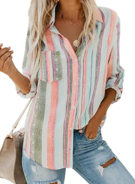 Astylish Women V Neck Striped Roll up Sleeve Button Down Blouse Tops