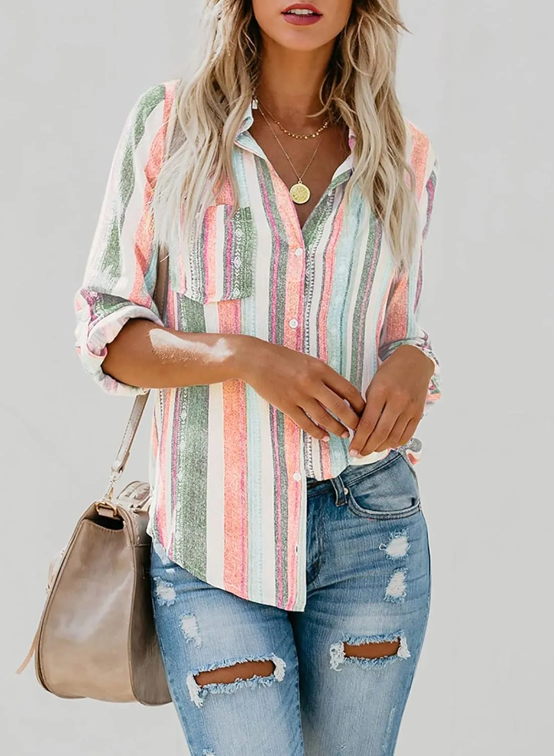 Astylish Women V Neck Striped Roll up Sleeve Button Down Blouse Tops