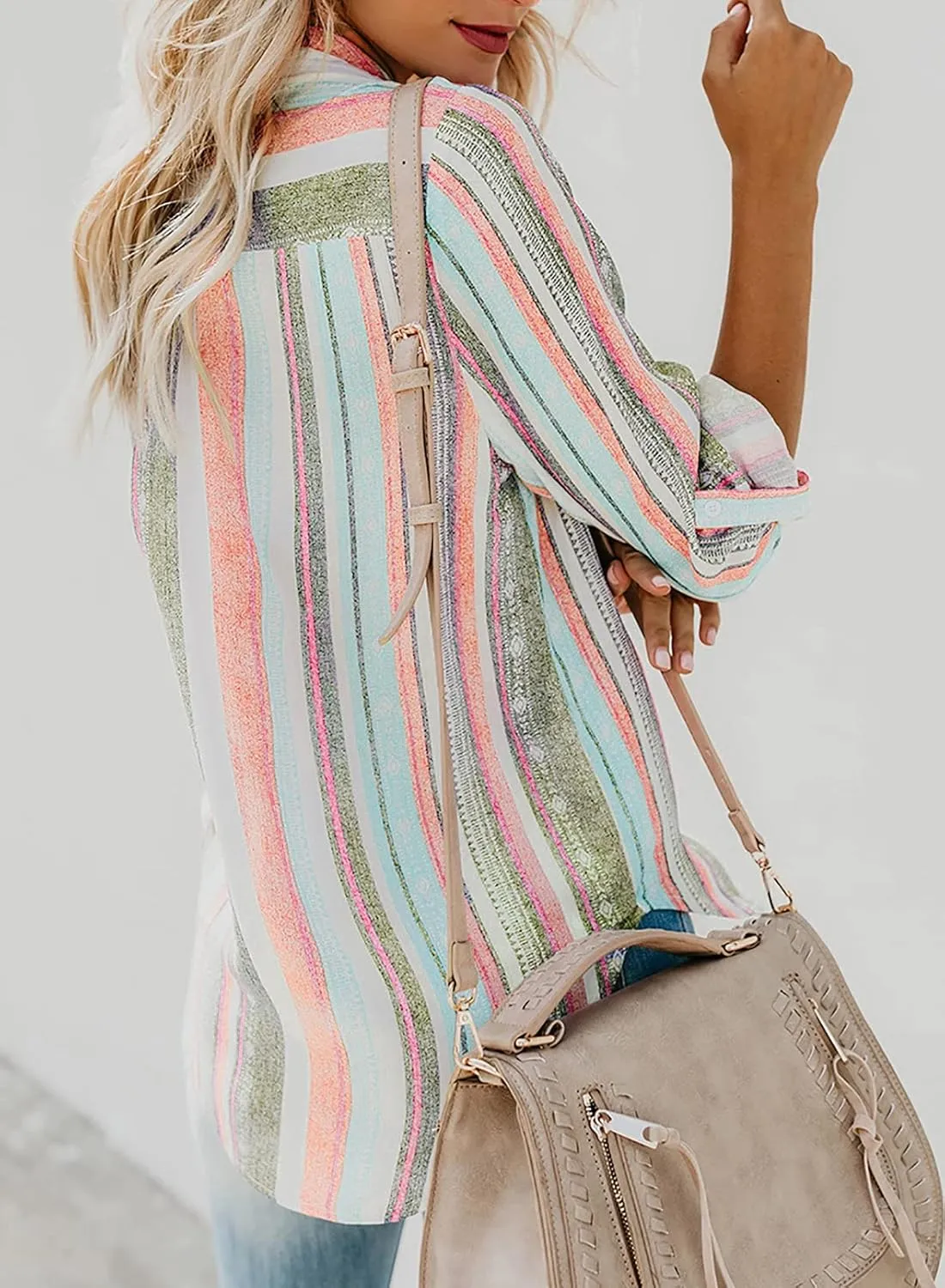 Astylish Women V Neck Striped Roll up Sleeve Button Down Blouse Tops