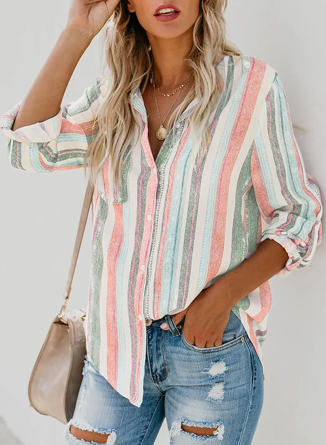 Astylish Women V Neck Striped Roll up Sleeve Button Down Blouse Tops