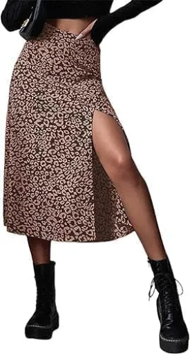 Avanova Women's Boho Leopard Print Thigh High Waist A Line Split Midi Skirt