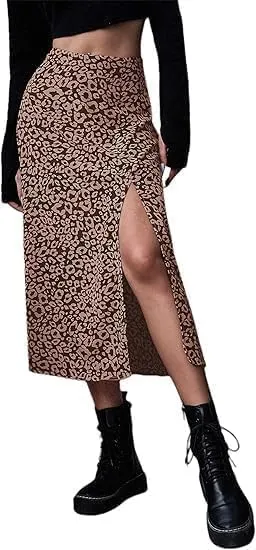 Avanova Women's Boho Leopard Print Thigh High Waist A Line Split Midi Skirt