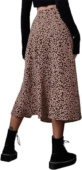 Avanova Women's Boho Leopard Print Thigh High Waist A Line Split Midi Skirt
