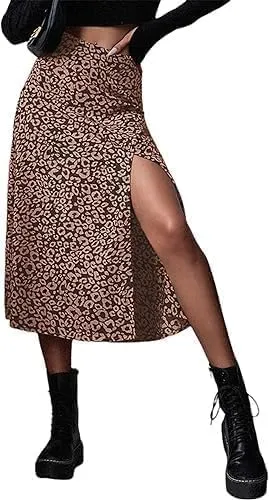 Avanova Women's Boho Leopard Print Thigh High Waist A Line Split Midi Skirt