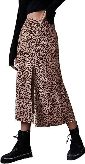 Avanova Women's Boho Leopard Print Thigh High Waist A Line Split Midi Skirt