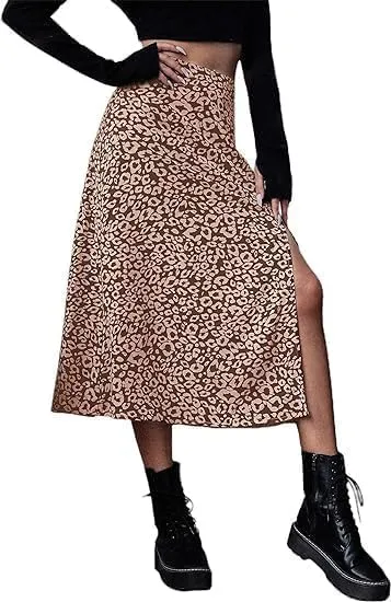 Avanova Women's Boho Leopard Print Thigh High Waist A Line Split Midi Skirt