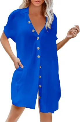 Beach Cover Ups for Women Summer Button Front Dress Casual Beach Vacation Swimsuit Short Sleeve V Neck Shirt Dress