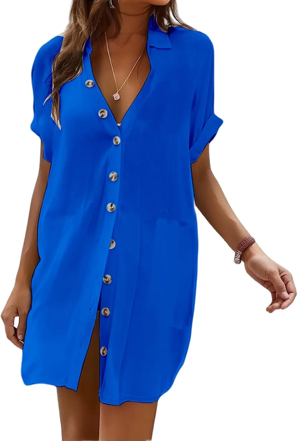 Beach Cover Ups for Women Summer Button Front Dress Casual Beach Vacation Swimsuit Short Sleeve V Neck Shirt Dress