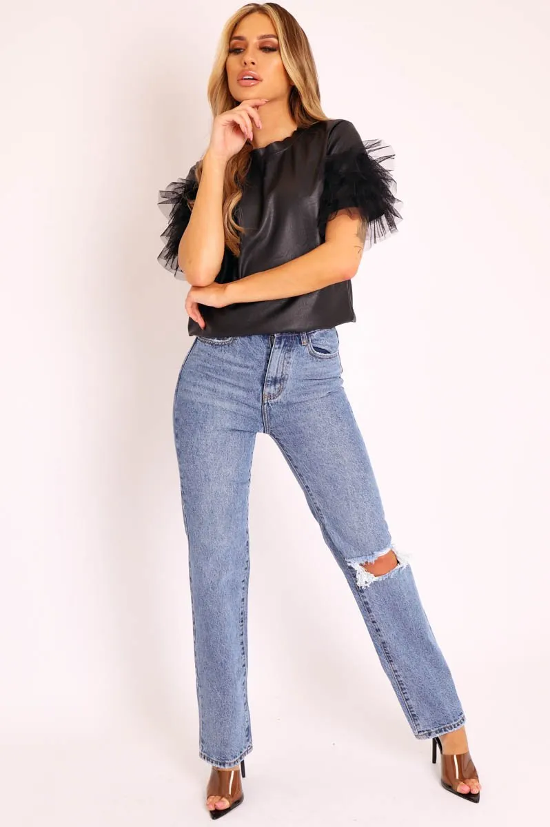 Blue Mid Wash Ripped Knee Straight Leg Jeans - Brilynn