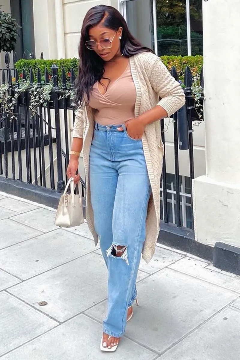 Blue Mid Wash Ripped Knee Straight Leg Jeans - Brilynn