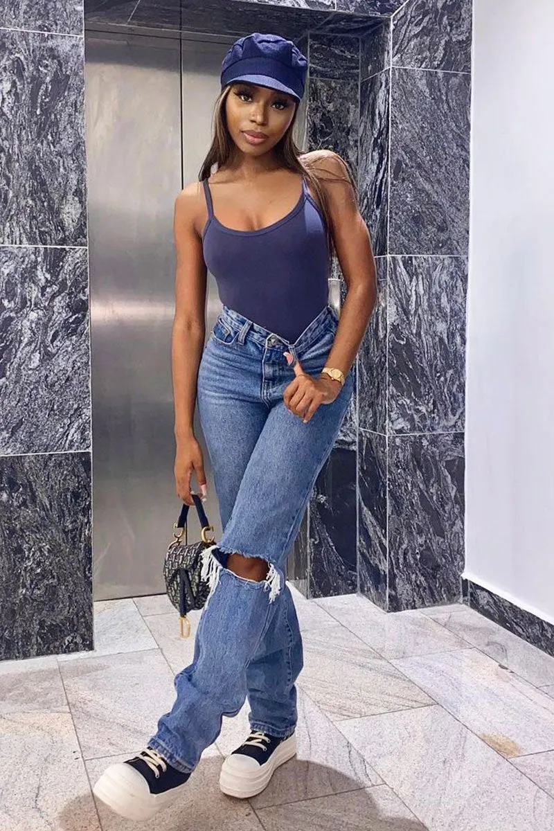 Blue Mid Wash Ripped Knee Straight Leg Jeans - Brilynn