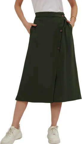 CHARTOU Women's Summer Linen Elastic Back Buttoned Swing Midi A Line Skirt