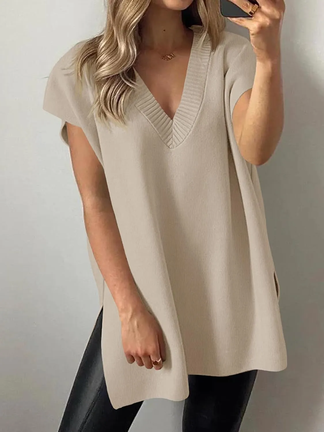 Cicy Bell Womens V Neck Sleeveless Sweater Vest Oversized Ribbed Knit Side Slit Pullover Tank Tops