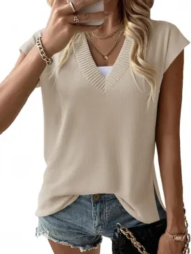 Cicy Bell Womens V Neck Sleeveless Sweater Vest Oversized Ribbed Knit Side Slit Pullover Tank Tops