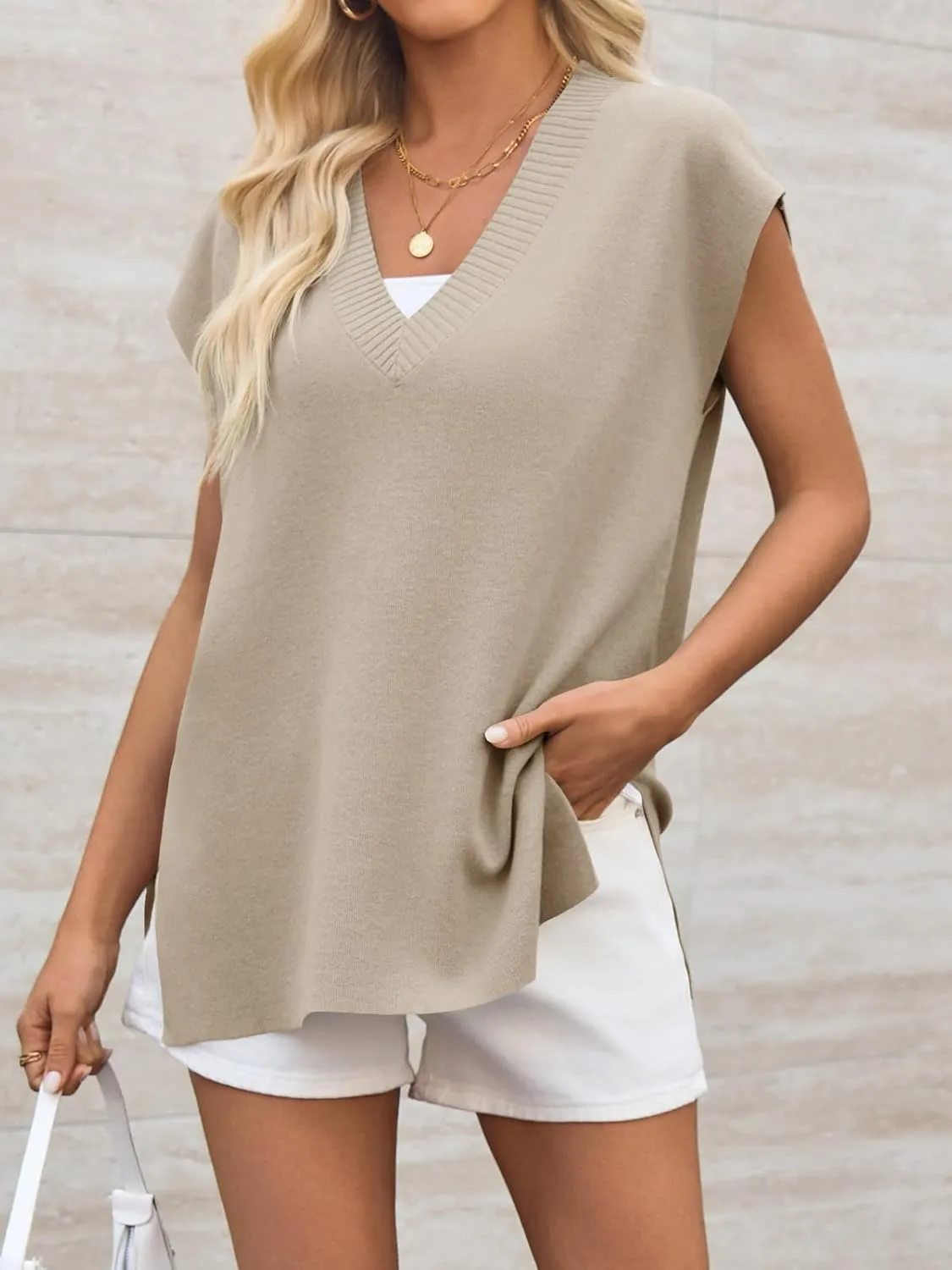 Cicy Bell Womens V Neck Sleeveless Sweater Vest Oversized Ribbed Knit Side Slit Pullover Tank Tops