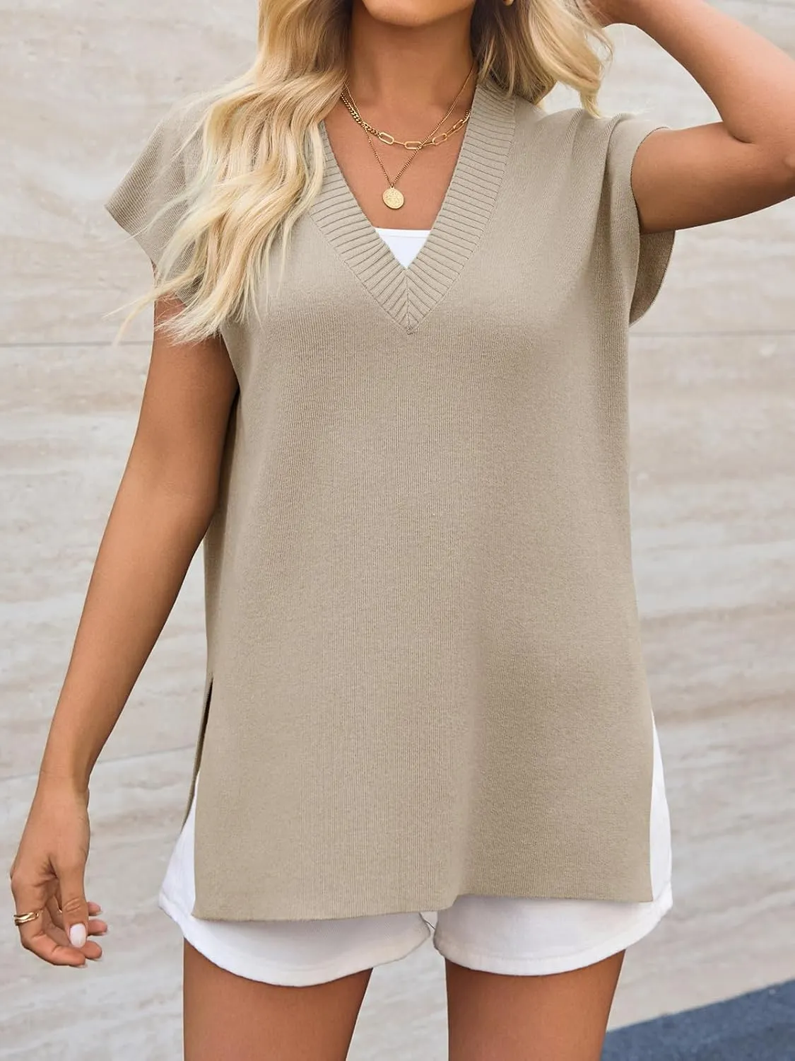 Cicy Bell Womens V Neck Sleeveless Sweater Vest Oversized Ribbed Knit Side Slit Pullover Tank Tops