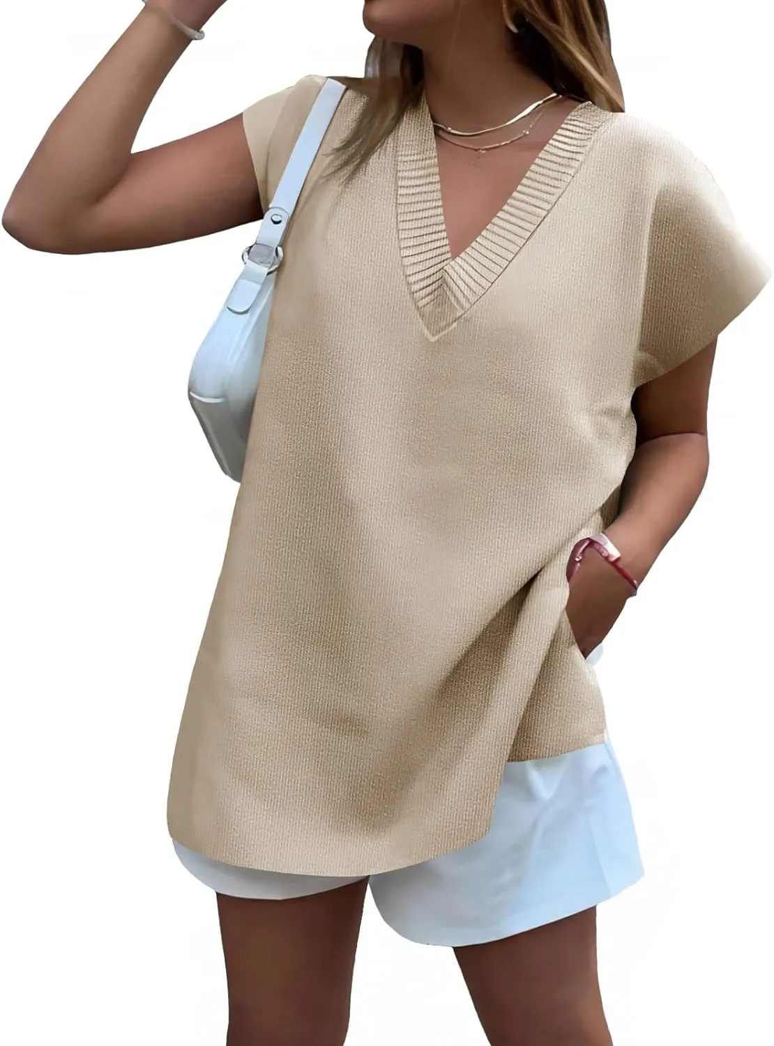 Cicy Bell Womens V Neck Sleeveless Sweater Vest Oversized Ribbed Knit Side Slit Pullover Tank Tops