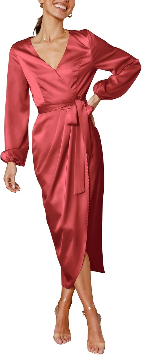 Cosonsen Women's Long Sleeve V-Neck Tie Waist Split Formal Cocktail Wedding Guest Dresses