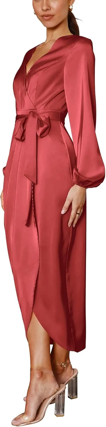 Cosonsen Women's Long Sleeve V-Neck Tie Waist Split Formal Cocktail Wedding Guest Dresses
