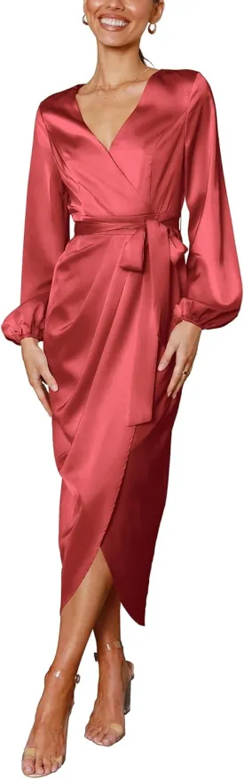 Cosonsen Women's Long Sleeve V-Neck Tie Waist Split Formal Cocktail Wedding Guest Dresses