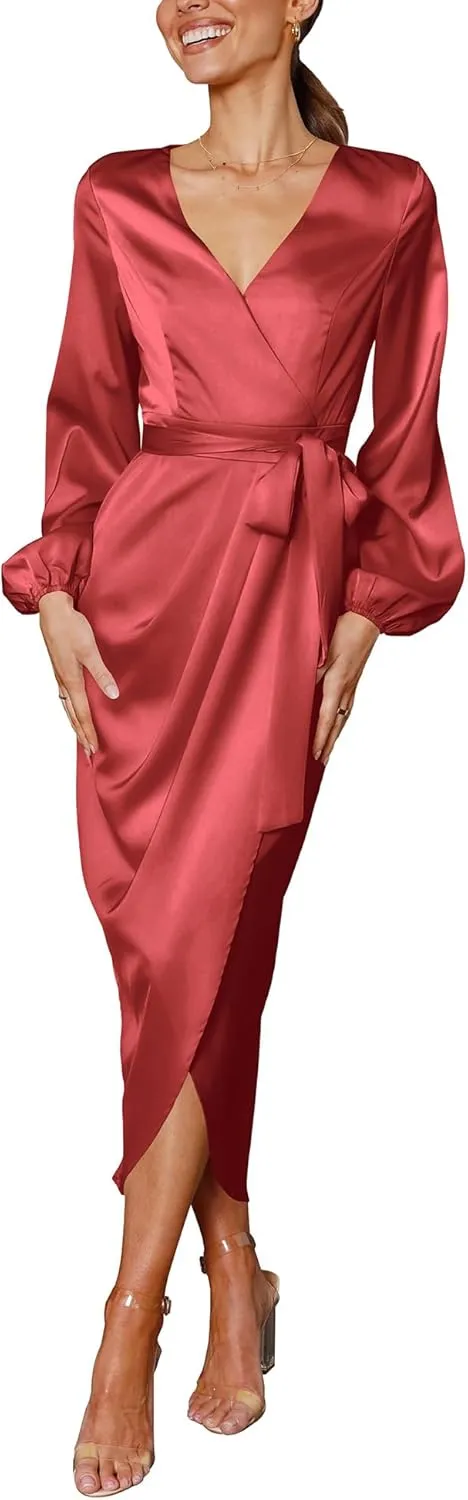 Cosonsen Women's Long Sleeve V-Neck Tie Waist Split Formal Cocktail Wedding Guest Dresses