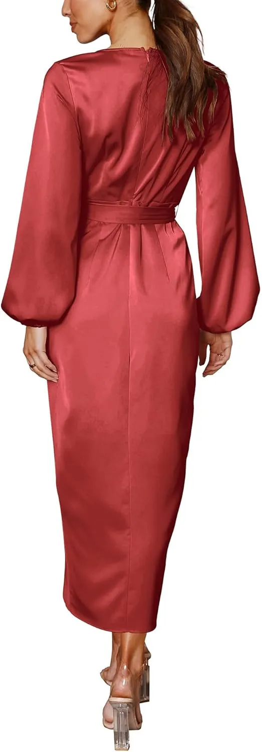 Cosonsen Women's Long Sleeve V-Neck Tie Waist Split Formal Cocktail Wedding Guest Dresses