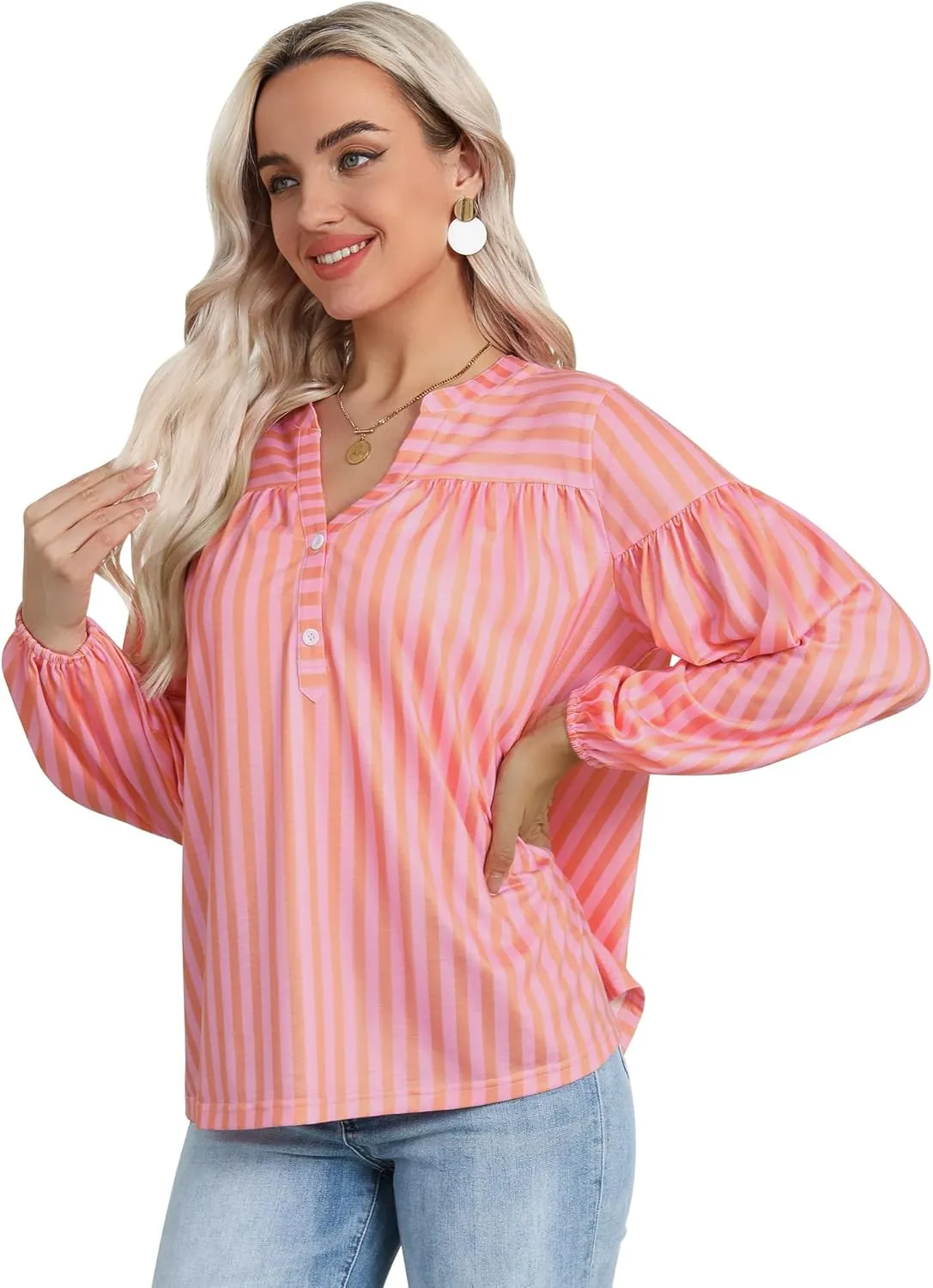 Dresswel Women's Oversized Striped Long Lantern Sleeve Shirt Plus Size Botton Down V Neck Tops