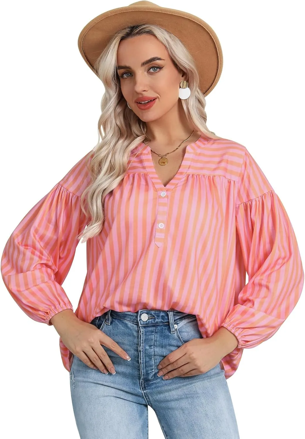 Dresswel Women's Oversized Striped Long Lantern Sleeve Shirt Plus Size Botton Down V Neck Tops
