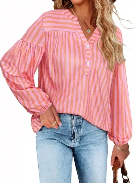 Dresswel Women's Oversized Striped Long Lantern Sleeve Shirt Plus Size Botton Down V Neck Tops