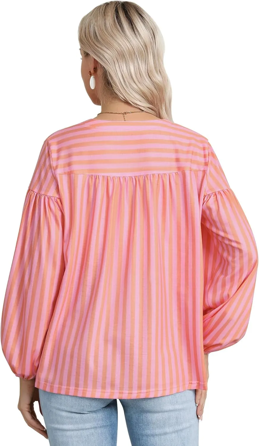 Dresswel Women's Oversized Striped Long Lantern Sleeve Shirt Plus Size Botton Down V Neck Tops