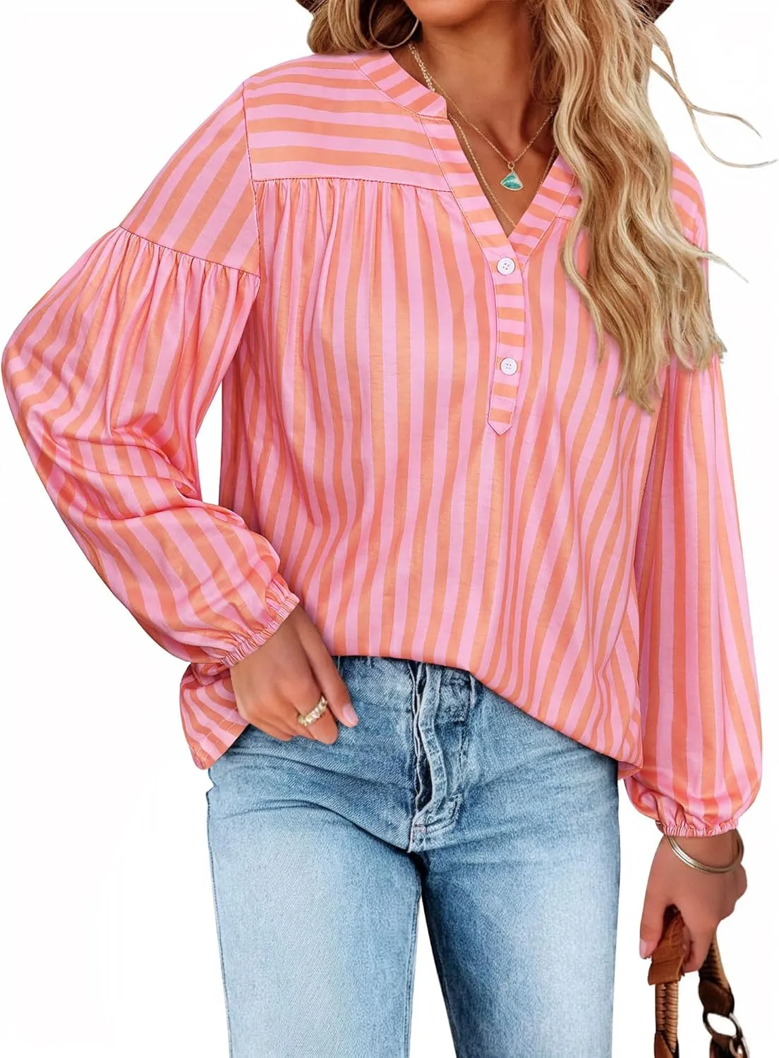 Dresswel Women's Oversized Striped Long Lantern Sleeve Shirt Plus Size Botton Down V Neck Tops
