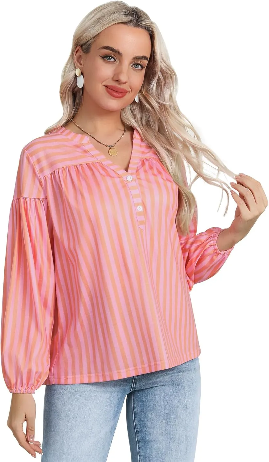 Dresswel Women's Oversized Striped Long Lantern Sleeve Shirt Plus Size Botton Down V Neck Tops
