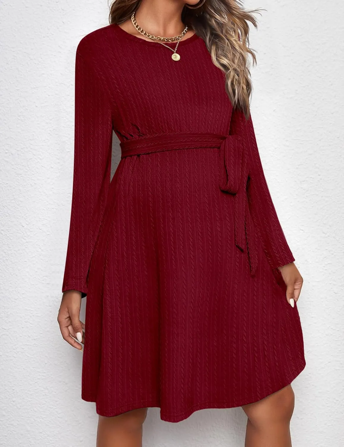 Ekouaer Womens Maternity Dress Rib Knit Long Sleeve Pregnancy Dresses Crewneck Pregnant Clothes with Belt