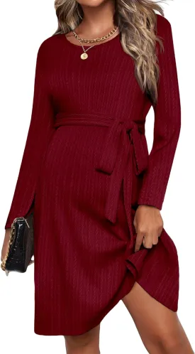 Ekouaer Womens Maternity Dress Rib Knit Long Sleeve Pregnancy Dresses Crewneck Pregnant Clothes with Belt