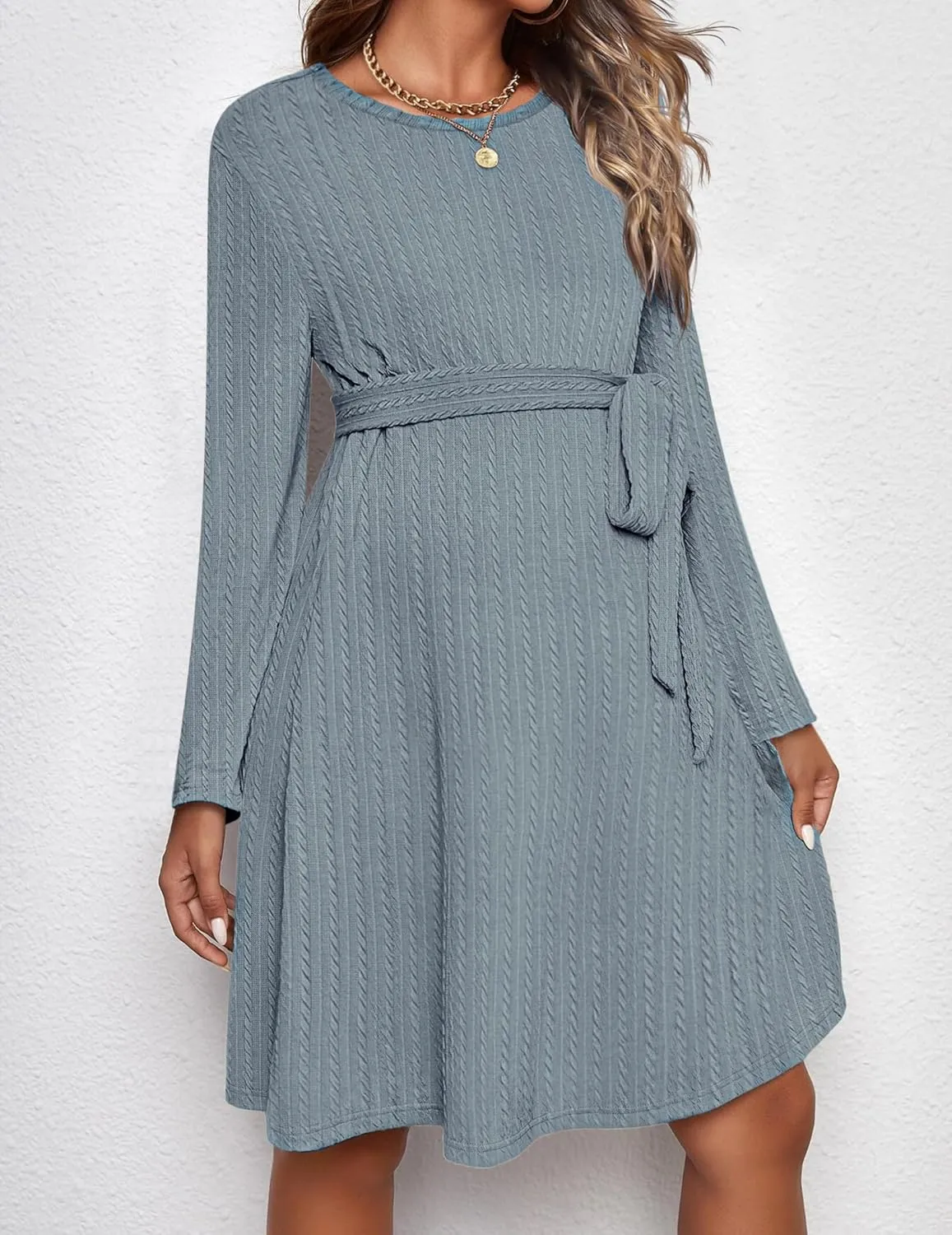Ekouaer Womens Maternity Dress Rib Knit Long Sleeve Pregnancy Dresses Crewneck Pregnant Clothes with Belt
